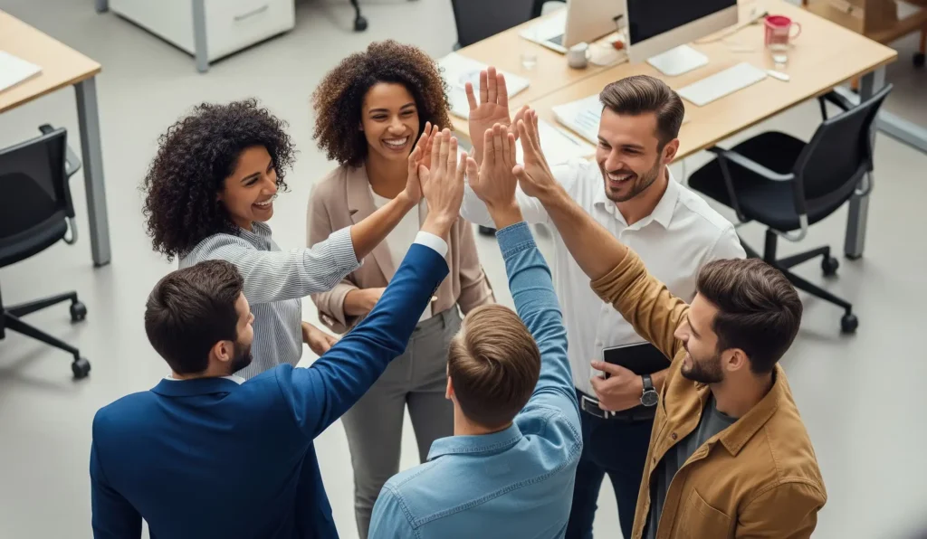 Team high five celebration in office